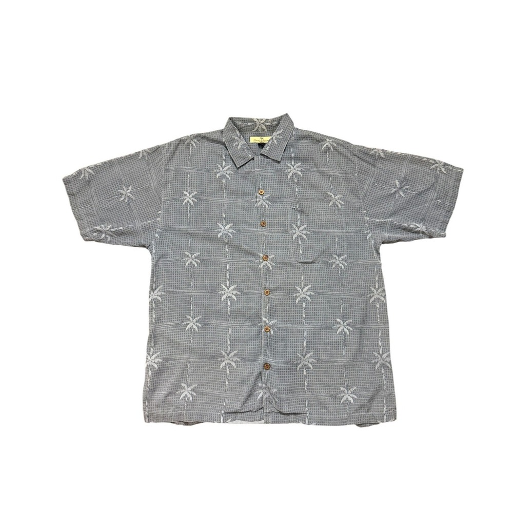 Tommy Bahama 100% Silk Palm Tree Grid Camp Shirt Grey Blue Short Sleeve SZ Large